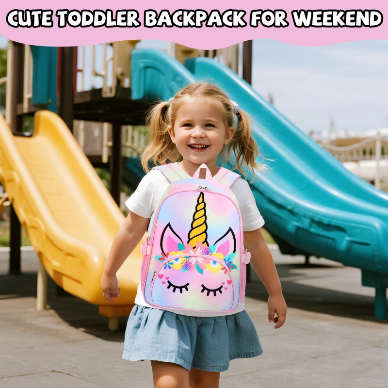 BTOOP Kids Backpack Girls School Backpack Preschool Kindergarten Unicorn Toddler BookBag with Chest Clip (Tie Dye headband) - Image 2